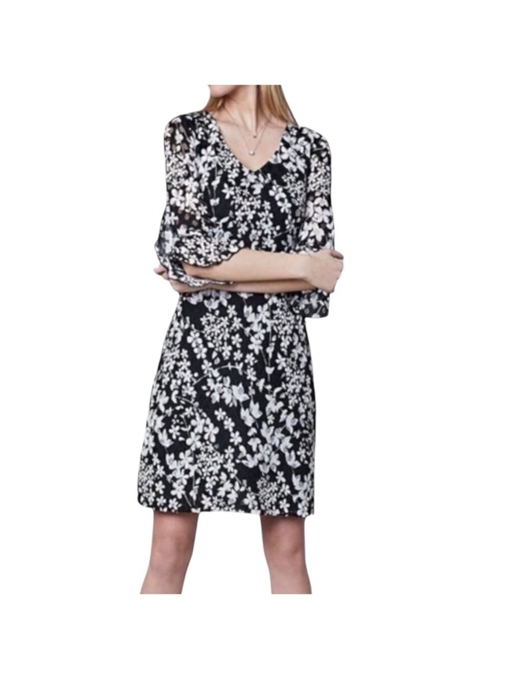 Karl Lagerfeld Paris Women's Black White Floral Lace Shift Dress, V-Neck Size 12